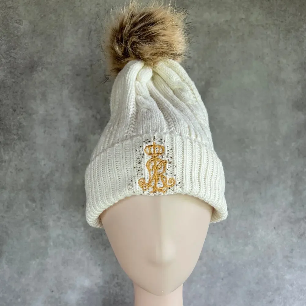 Ralph Lauren black label Cable knit pom pom beanie hat w embroidered logo cream